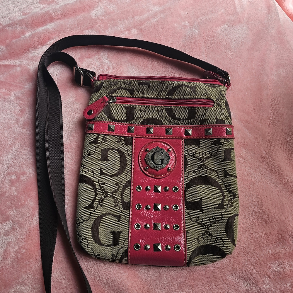 Y2K Hot Pink & Brown 'G' Logo Crossbody Bag Studded Faux Leather 2000s Girly
